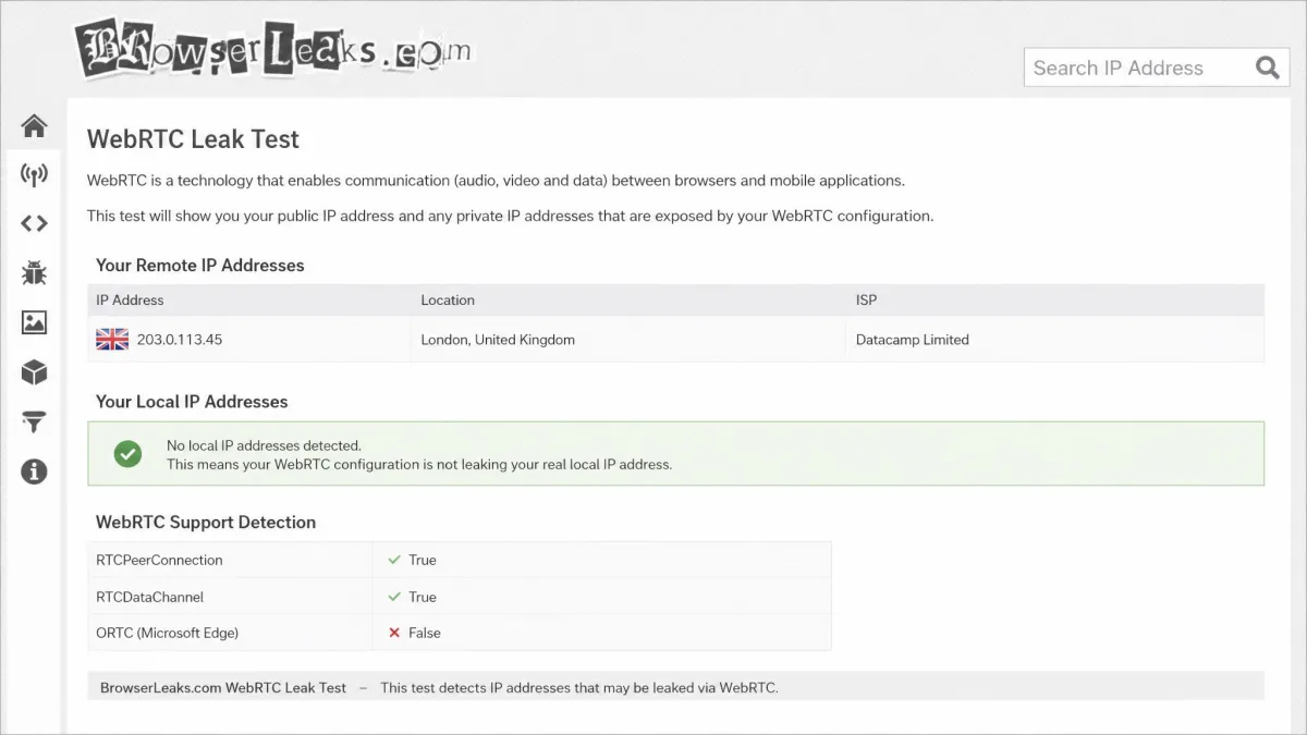 A BrowserLeaks WebRTC results page showing only the VPN server's public IP and no real local IP address, indicating no WebRTC leak while connected.