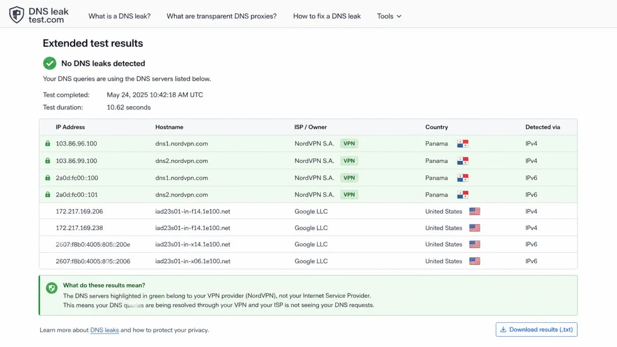 A DNS leak test results page showing the extended test with a list of DNS server hostnames and owners, highlighting rows that belong to a VPN provider rather than an ISP.