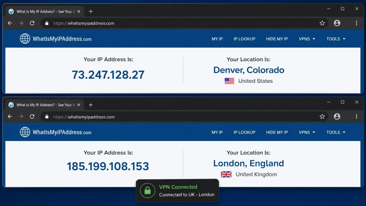 Two browser windows stacked, the top showing a home IP address and city, the bottom showing a different VPN server IP and a new country after connecting.