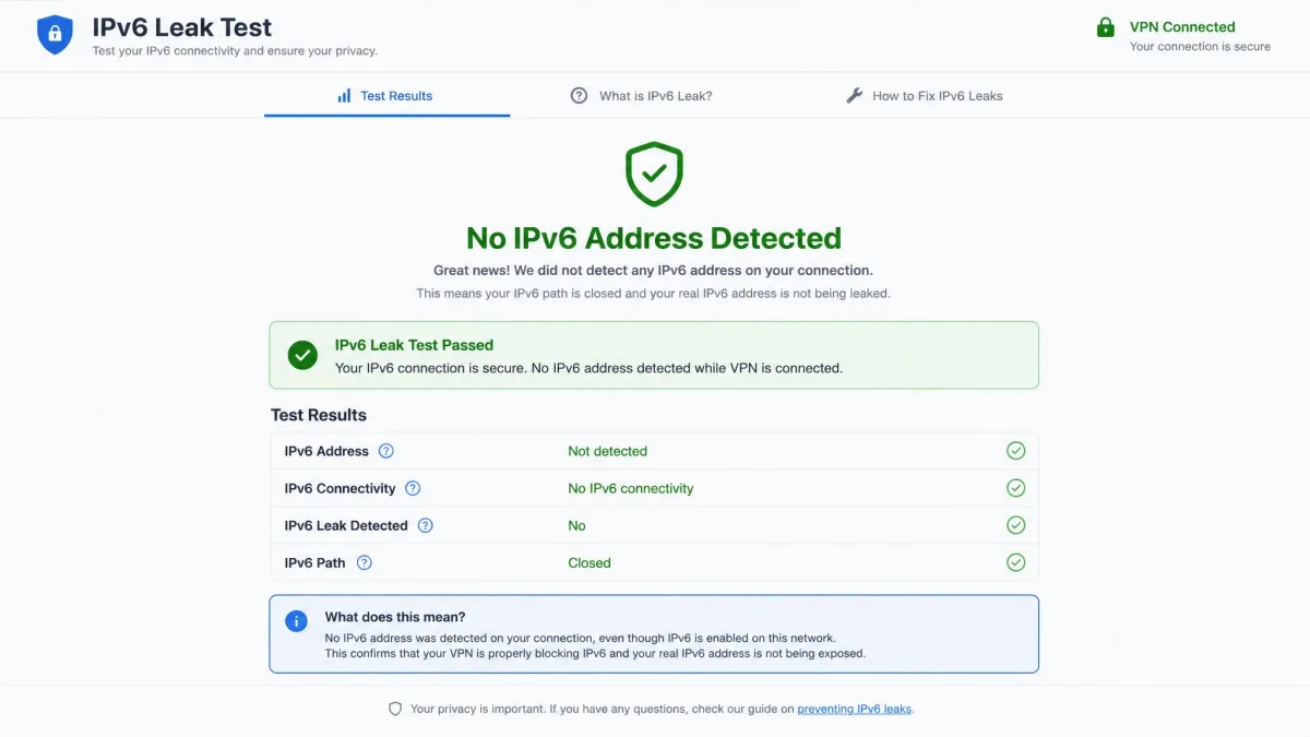 An IPv6 leak test results page showing no IPv6 address detected while the VPN is connected, confirming the IPv6 path is closed.