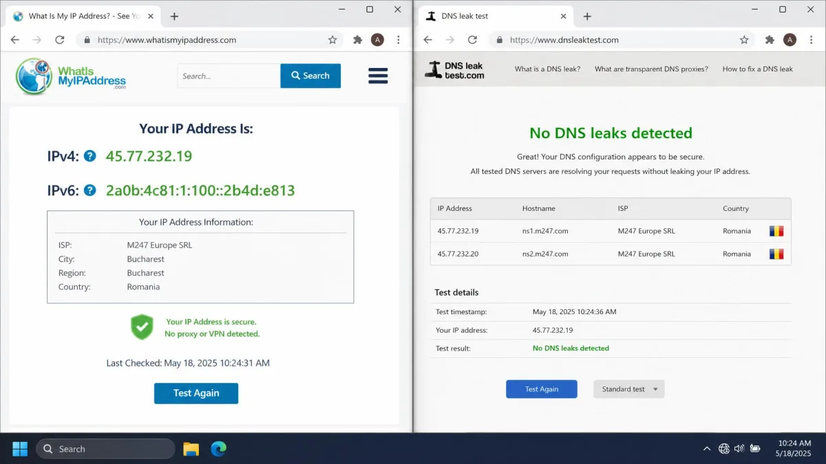 Two browser tabs open side by side after a VPN reconnect, one showing a clean IP test and one showing a clean DNS leak test, demonstrating repeated testing.