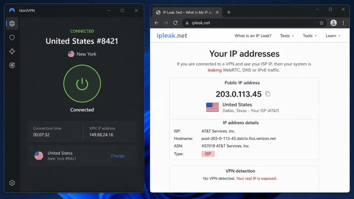 A VPN app showing a Connected status next to a browser leak-test result that still reveals the user's real IP, illustrating the mistake of trusting the status indicator alone.