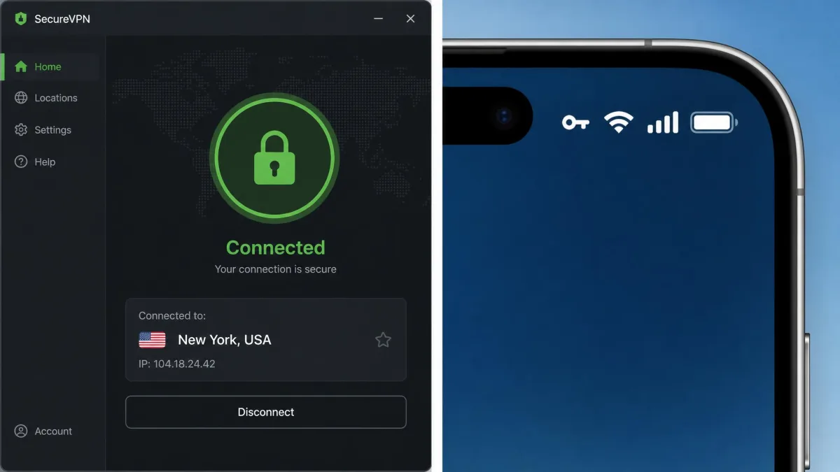 Side-by-side screenshot of a desktop VPN app showing a green Connected padlock with a server name, and a phone status bar showing the small VPN key icon next to the Wi-Fi signal.