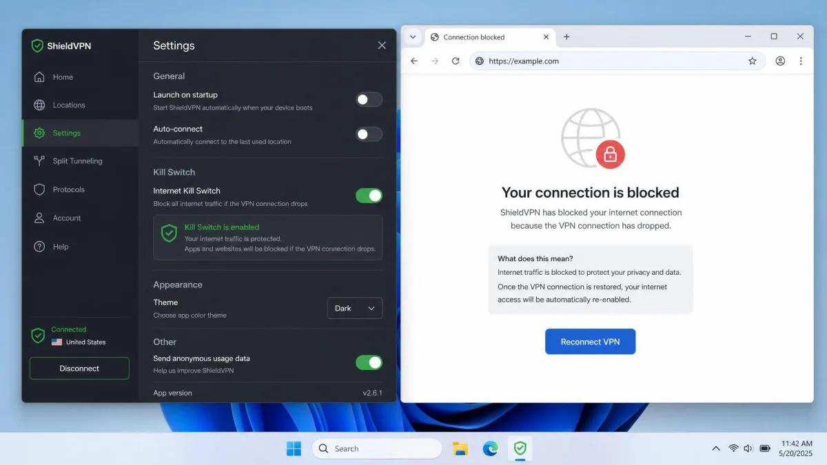 A VPN app settings screen with the kill switch toggle turned on, and a browser behind it showing a connection-blocked message during a simulated VPN drop.