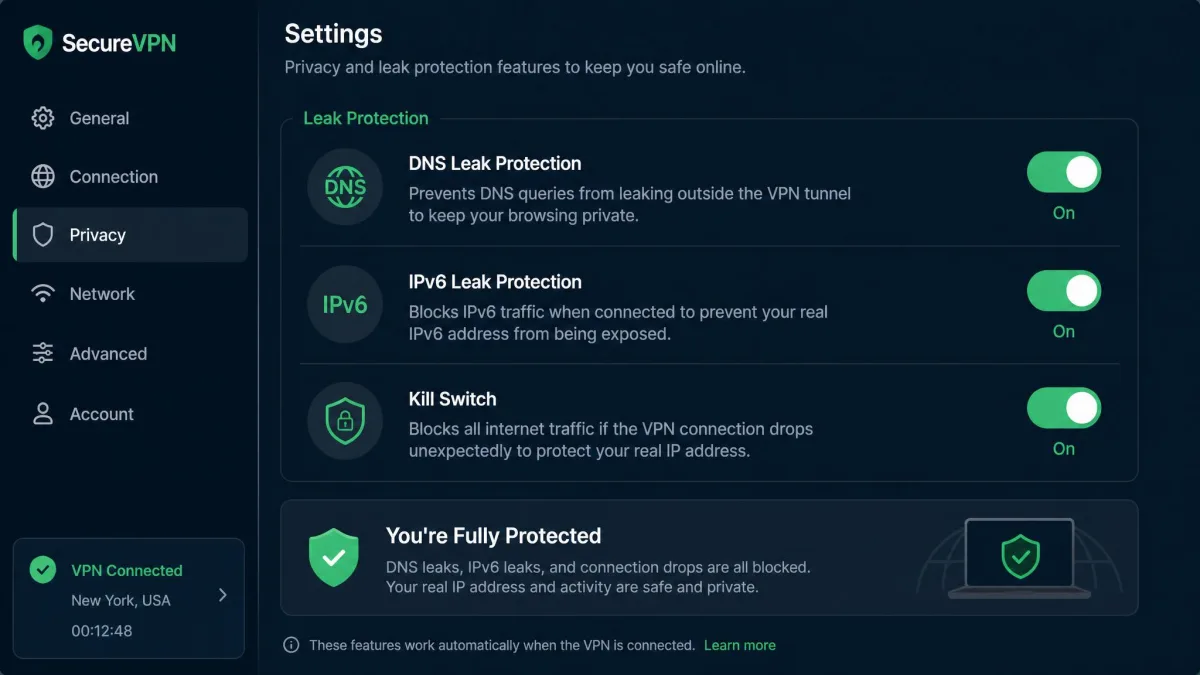 A VPN settings screen with DNS leak protection, IPv6 leak protection, and the kill switch all toggled on, illustrating the features to look for in a leak-free VPN.