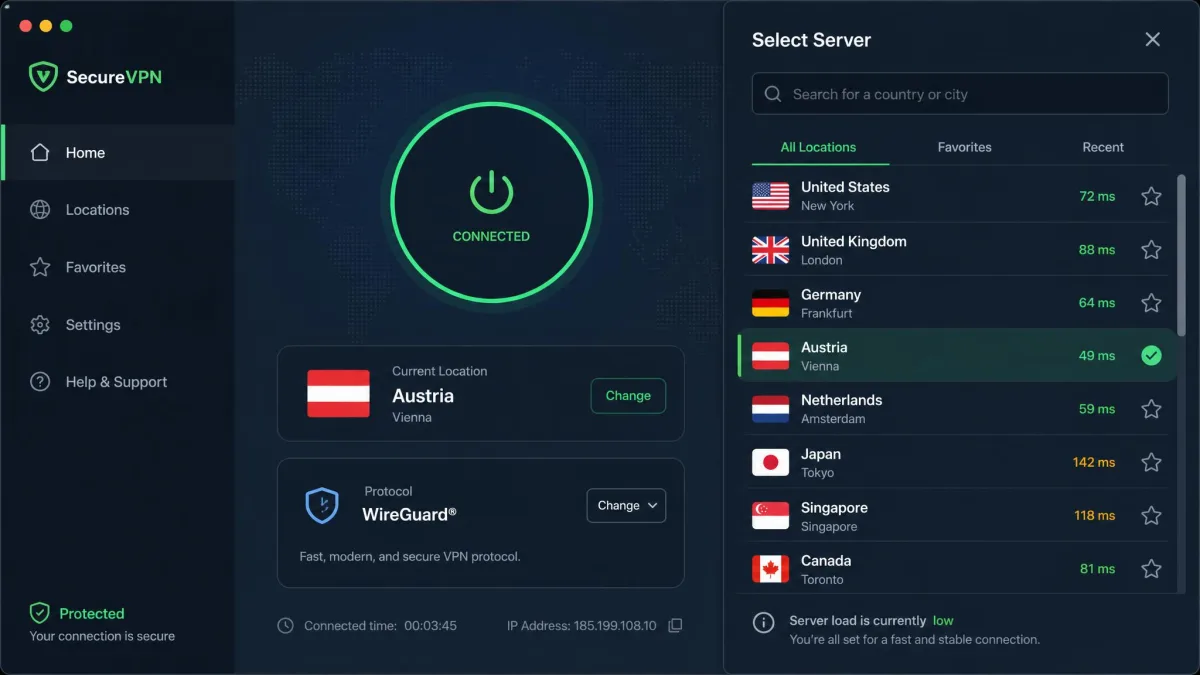 A VPN app screen showing the server list open with a different country selected and the protocol setting visible, illustrating the switch-server and switch-protocol fixes.