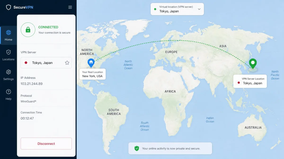 A map-based location site showing a pin placed in the VPN server's city in another country rather than the user's real home location while the VPN is connected.