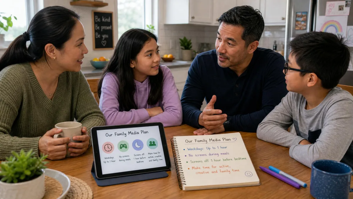 A family at a kitchen table talking through screen time rules together, with a tablet and notebook showing a written family media plan.