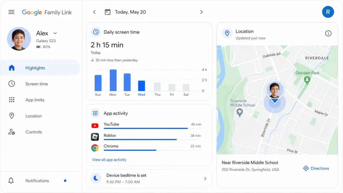 The Google Family Link app dashboard showing a child's daily screen time, app activity, and location on a map.