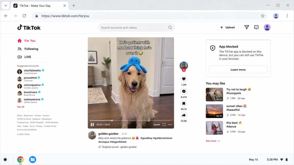 A child's browser open to a web version of a social media app, illustrating the common workaround of using a blocked app in a browser instead of the app itself.