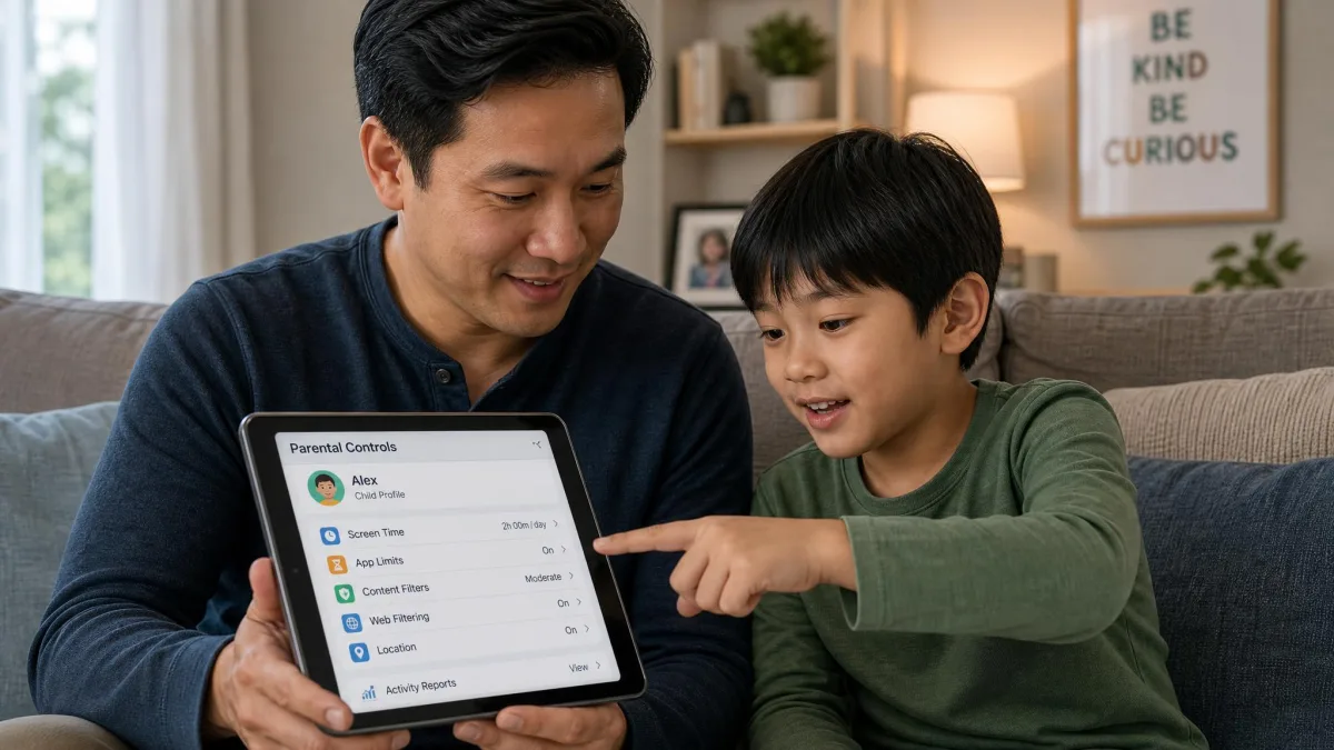 A parent and child sitting together reviewing parental control settings on a tablet, with the child pointing at the screen.