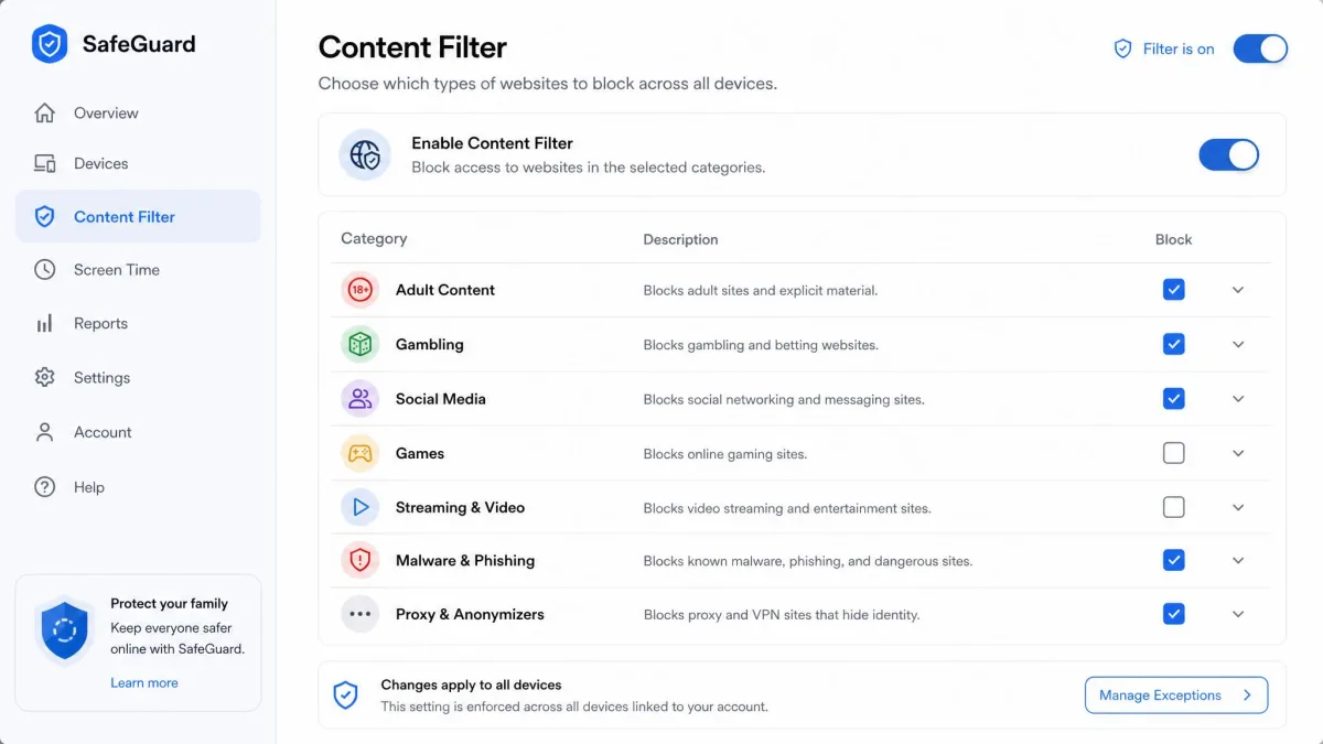 A content filter settings screen showing website categories that can be blocked, such as adult content, gambling, social media, and malware, with checkboxes and toggles.