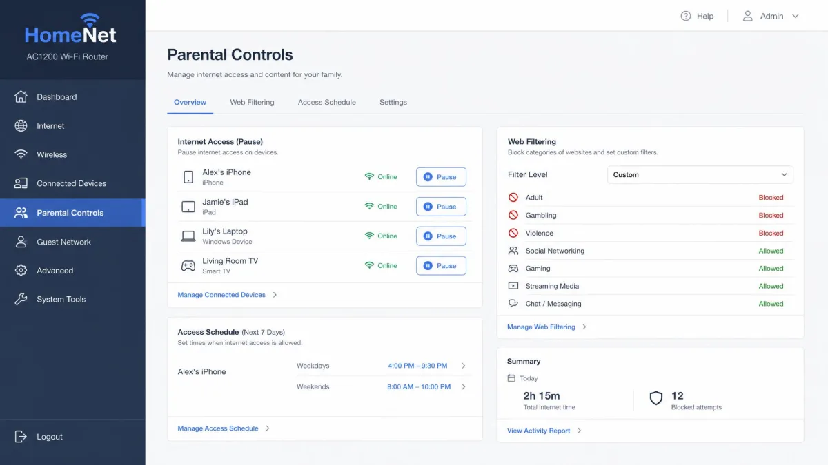 A home router admin page with parental control options for filtering websites and pausing internet access per device.