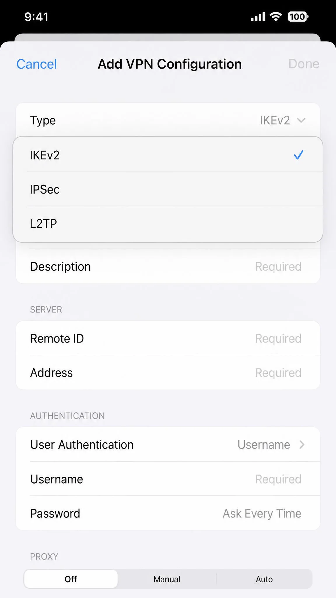 iOS Add VPN Configuration screen with the Type field open, showing IKEv2, IPSec, and L2TP options for a manual VPN setup.