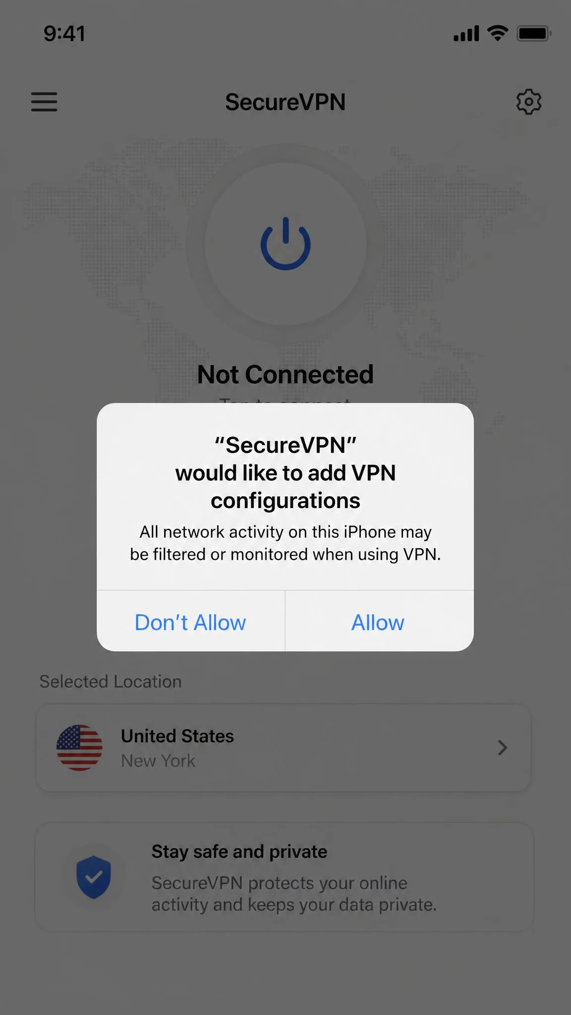 iOS system dialog reading "would like to add VPN configurations" with Allow and Don't Allow buttons, shown over a VPN app on first connection.