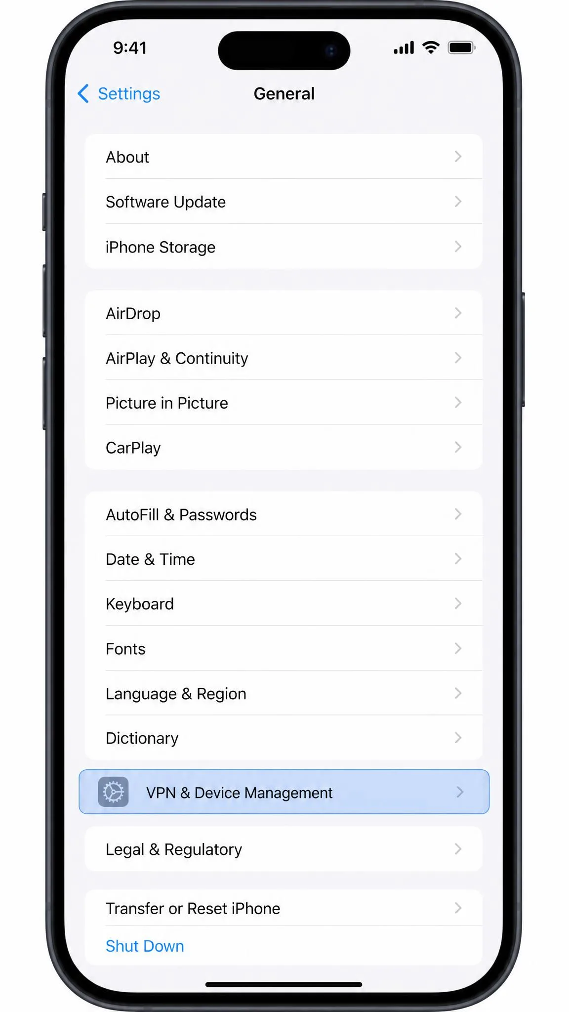 iPhone Settings app open on the General screen with the VPN & Device Management row highlighted, showing where manual VPN profiles live.