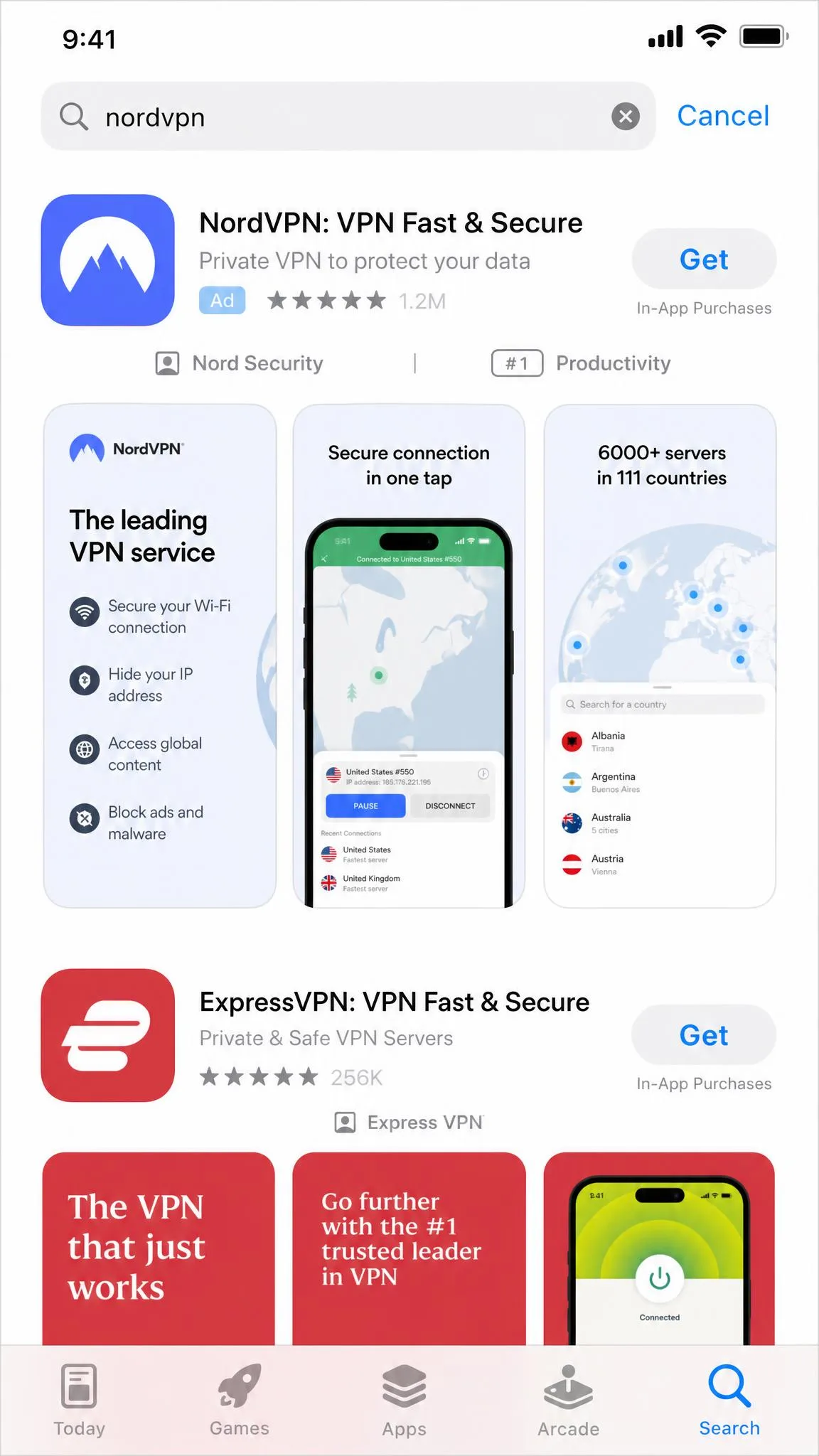 iPhone App Store search results showing a reputable VPN provider's app at the top, with the developer name and Get button visible.