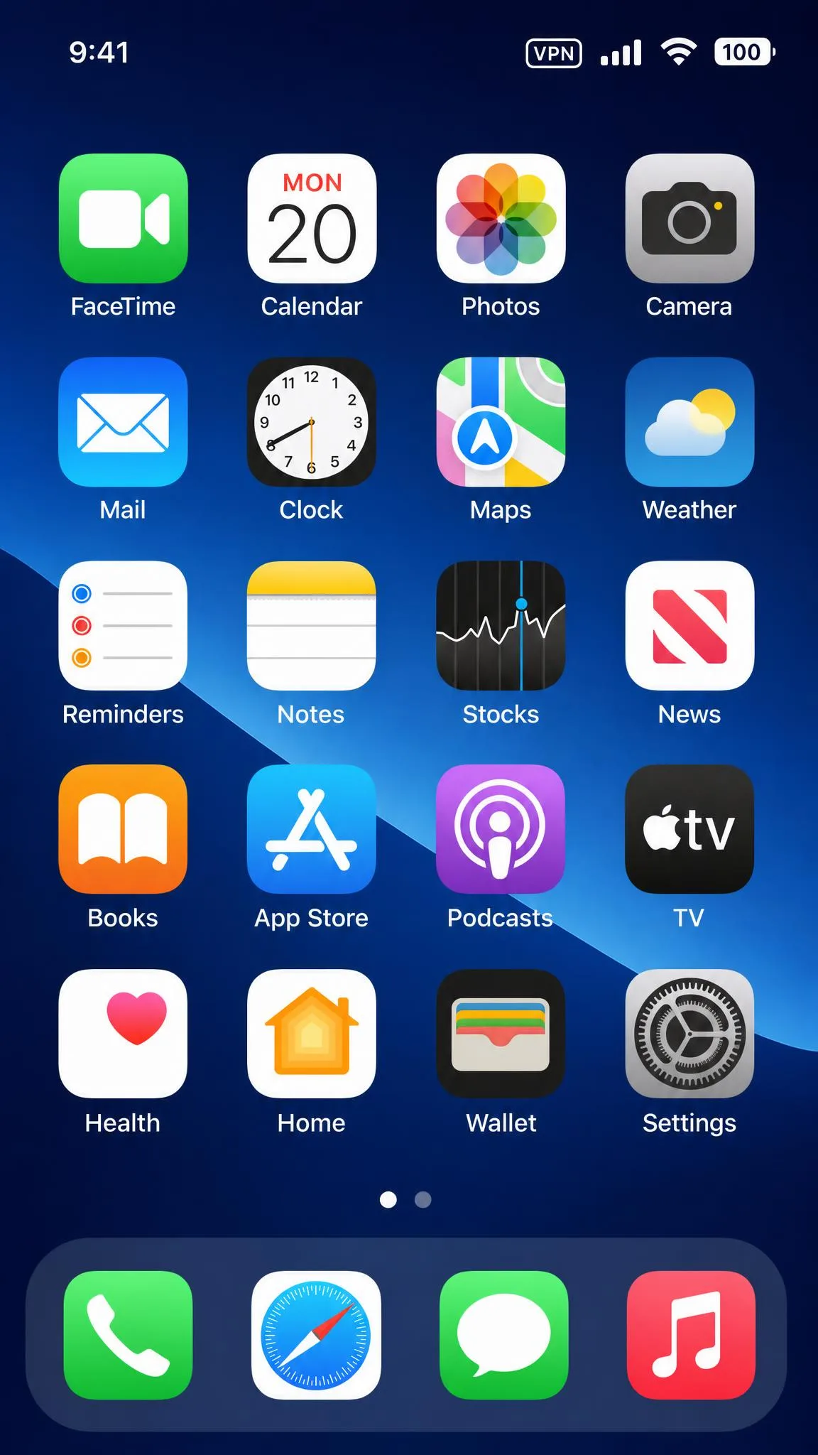 iPhone home screen close-up showing the small "VPN" badge in the top status bar next to the Wi-Fi and battery icons, confirming an active VPN connection.