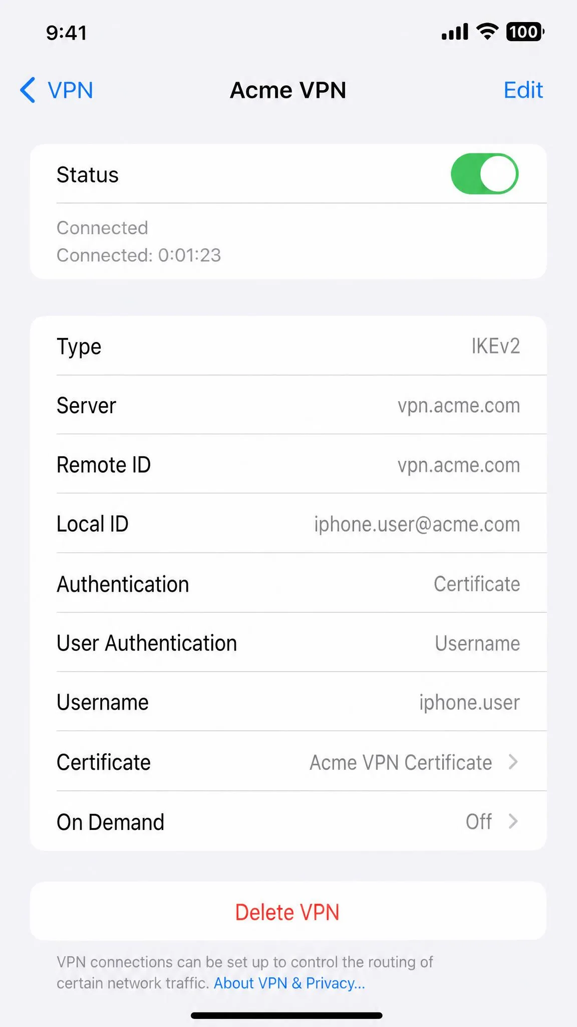 iPhone VPN settings screen showing a configured VPN profile with the Status toggle in the on position and connection details listed below.