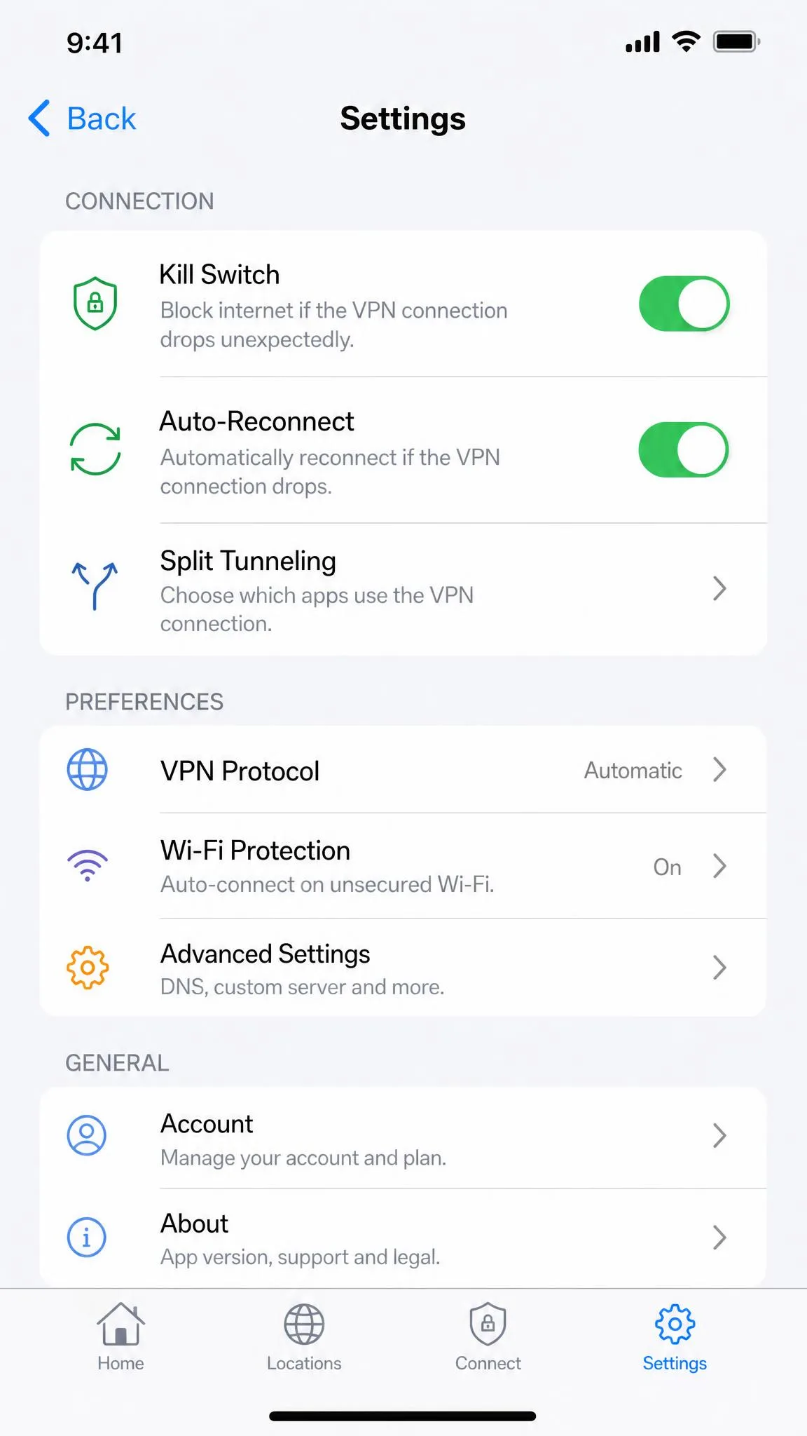 A VPN iPhone app's settings screen with the kill switch and auto-reconnect options toggled on, alongside a split tunneling entry.