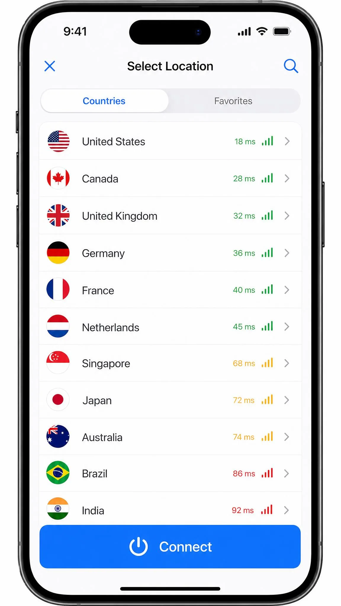 A VPN iPhone app's server location list open, showing a scrollable set of countries with a large connect button at the bottom.