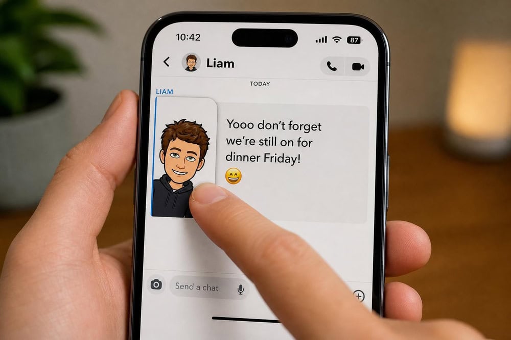 An iPhone showing a Snapchat chat partially revealed by a half-swipe gesture, with a finger dragging the sender's Bitmoji rightward and the message text visible behind it.