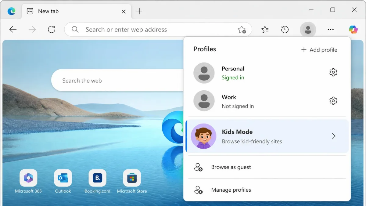 Microsoft Edge profile menu showing the Kids Mode option with a child-friendly avatar and a Browse kid-friendly sites label.