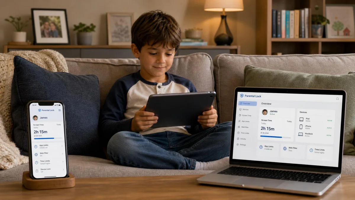 A child on a living room sofa with a tablet while a smartphone and a laptop sit nearby, showing the range of devices a parental lock needs to cover.