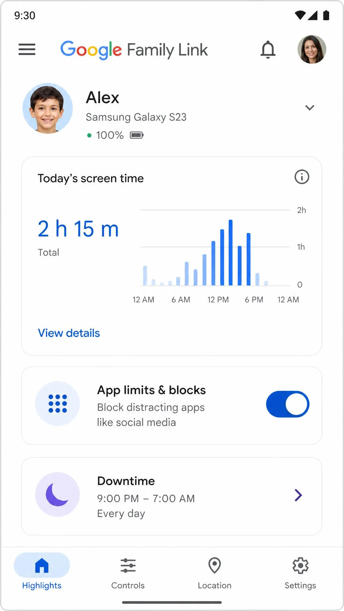 Google Family Link parent app dashboard showing a child's daily screen-time total, an app block toggle, and a Downtime schedule.