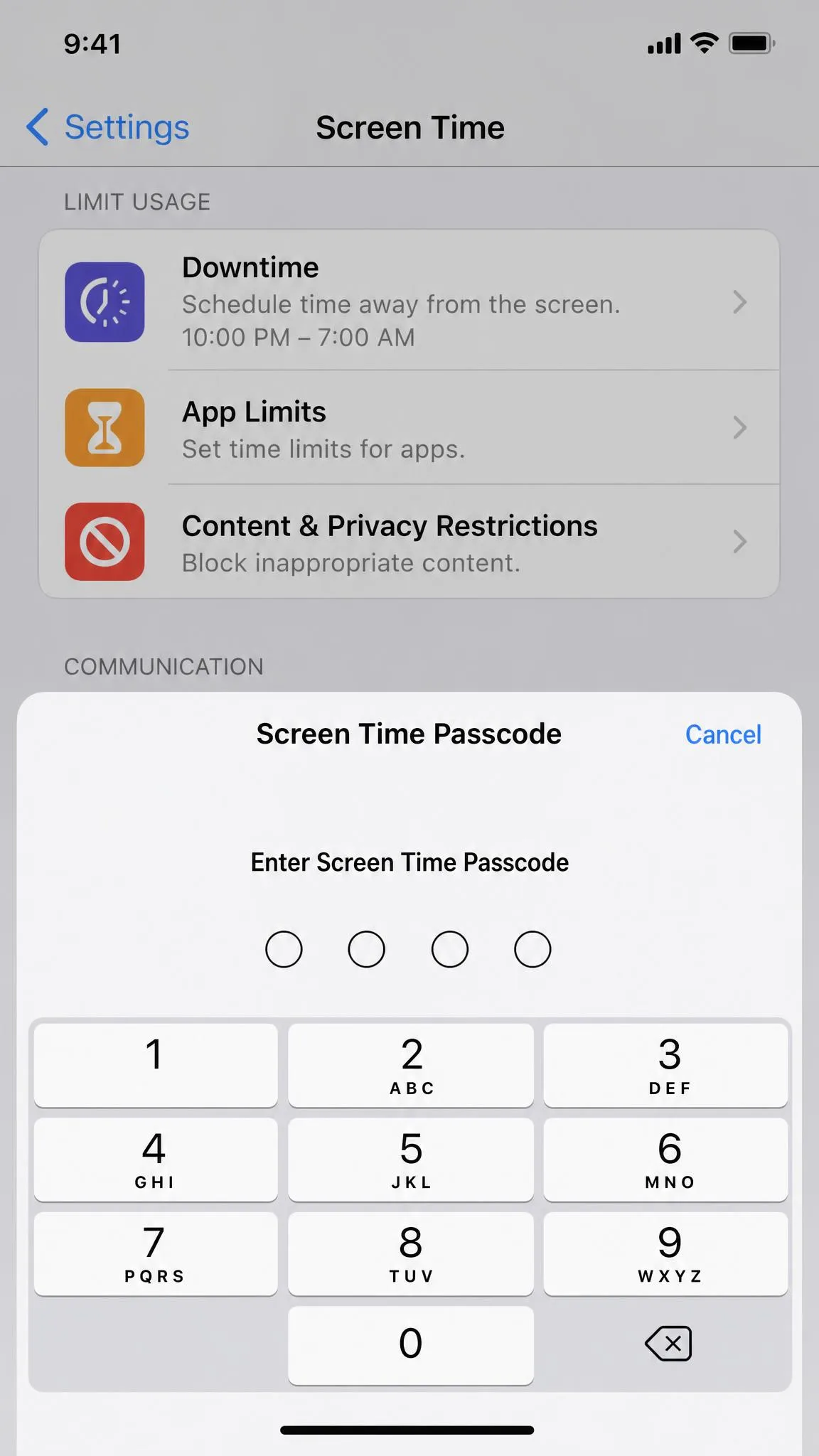 Screen Time settings on an iPhone showing Downtime hours, App Limits, and Content & Privacy Restrictions with the passcode prompt.