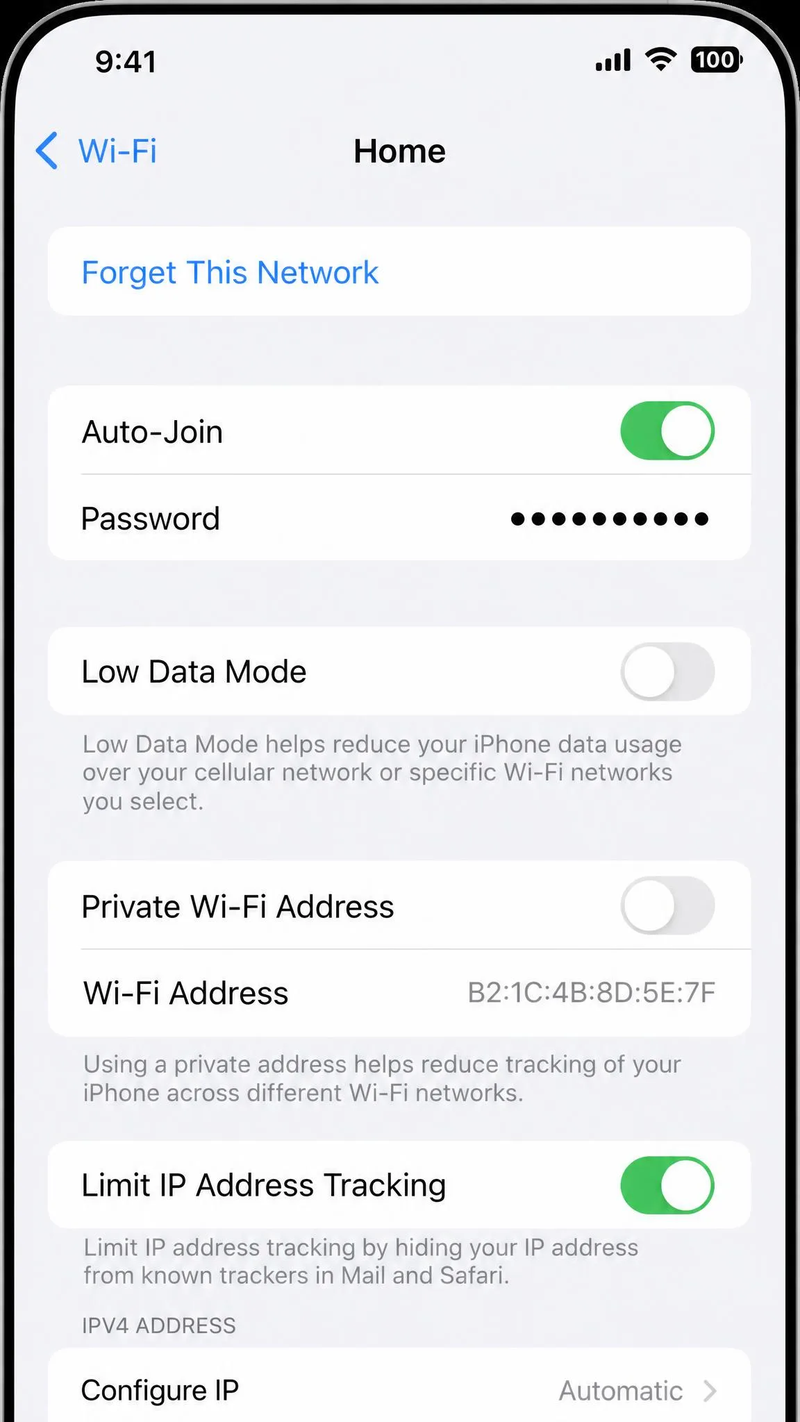 Phone Wi-Fi settings screen showing the private MAC address toggle switched off for the home network.