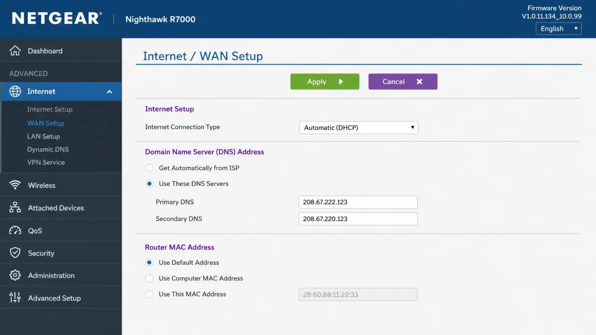 Router admin page with primary and secondary DNS set to the OpenDNS FamilyShield addresses 208.67.222.123 and 208.67.220.123.