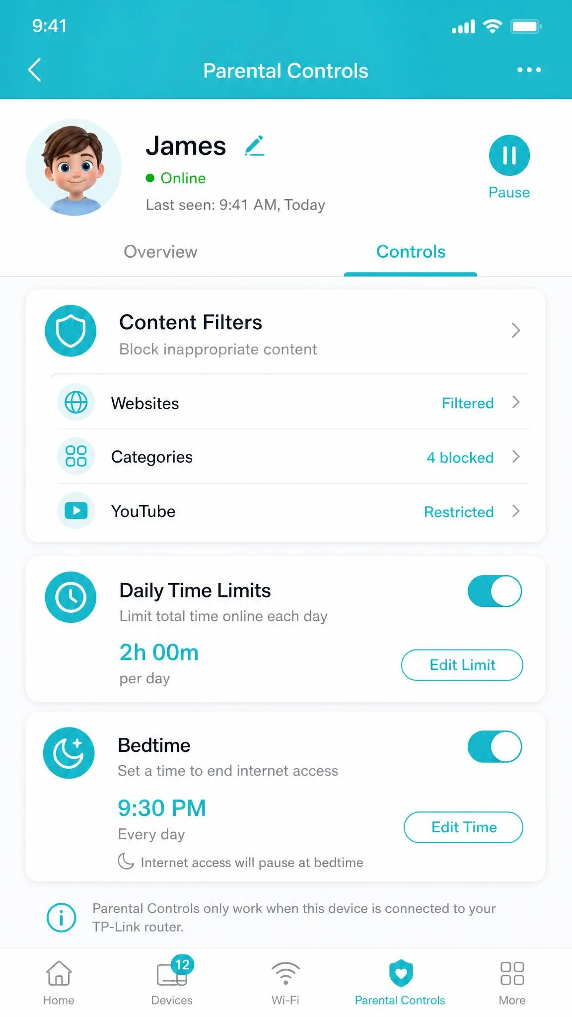 The TP-Link Tether app parental-controls screen showing a child profile with content filters, daily time limits, and a Bedtime cutoff toggle.