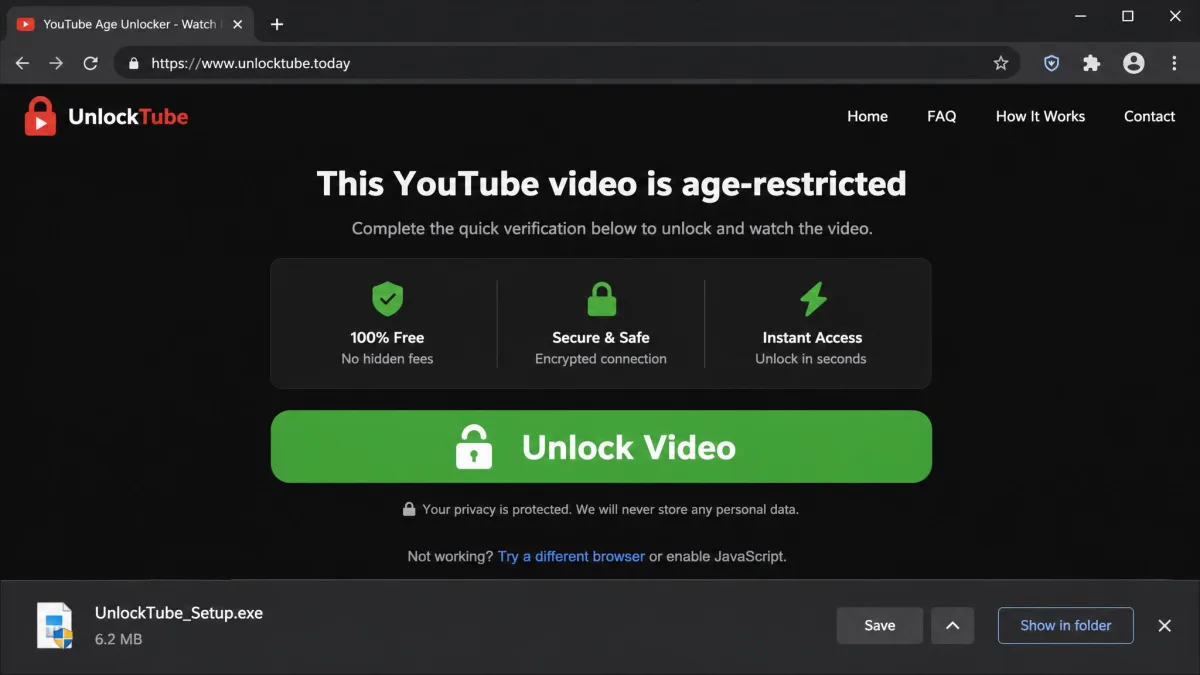 A browser window showing a fake YouTube age-unlocker website with a large green Unlock Video button and a download prompt for an executable file appearing at the bottom of the screen.