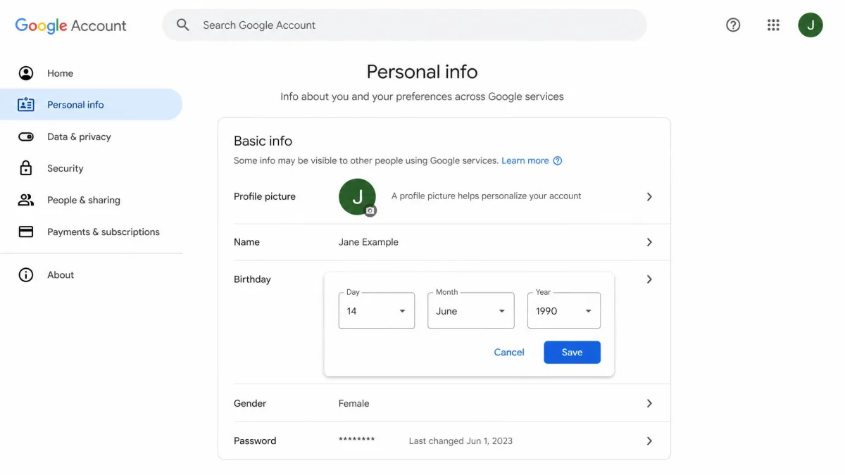 The Google Account Personal info page with the Birthday field open for editing, showing day, month and year dropdowns and a Save button below them.