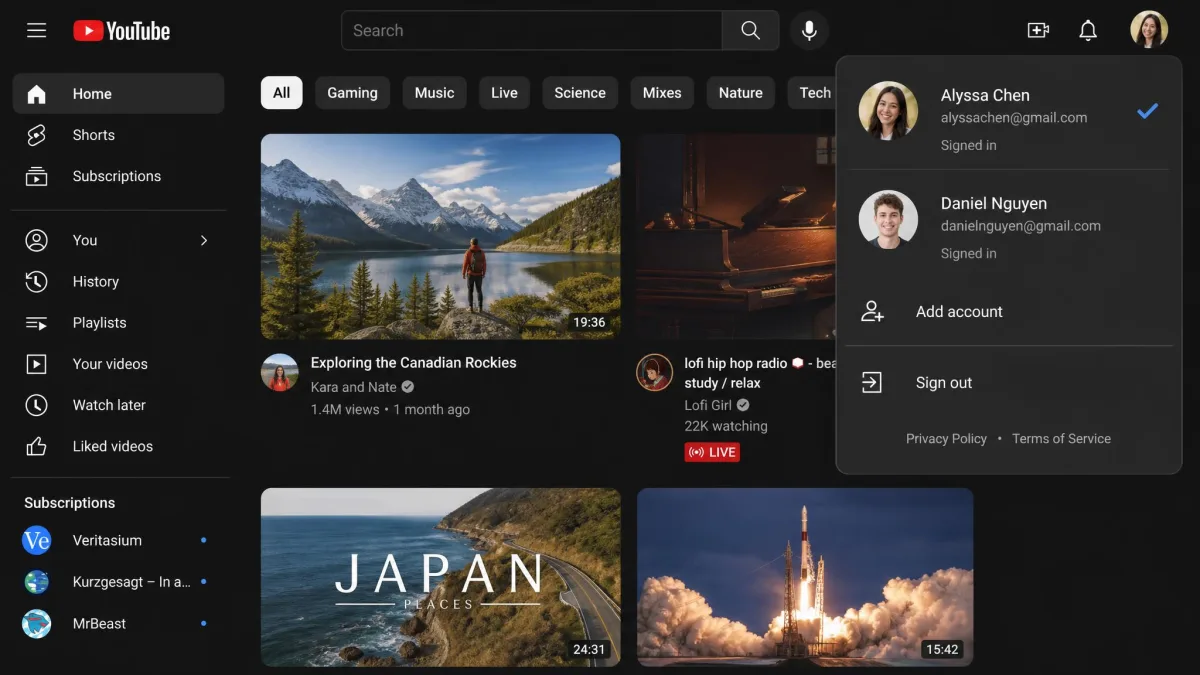 The YouTube desktop account switcher panel open in the top right corner, listing two signed-in Google accounts with profile photos and a Sign out option at the bottom.