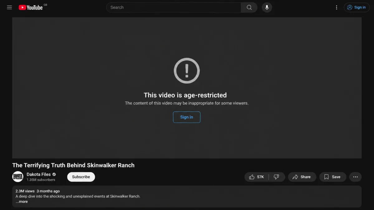 A YouTube video page showing the grey age-restricted notice in place of the player, with a Sign in button below the message and the video title still visible above it.