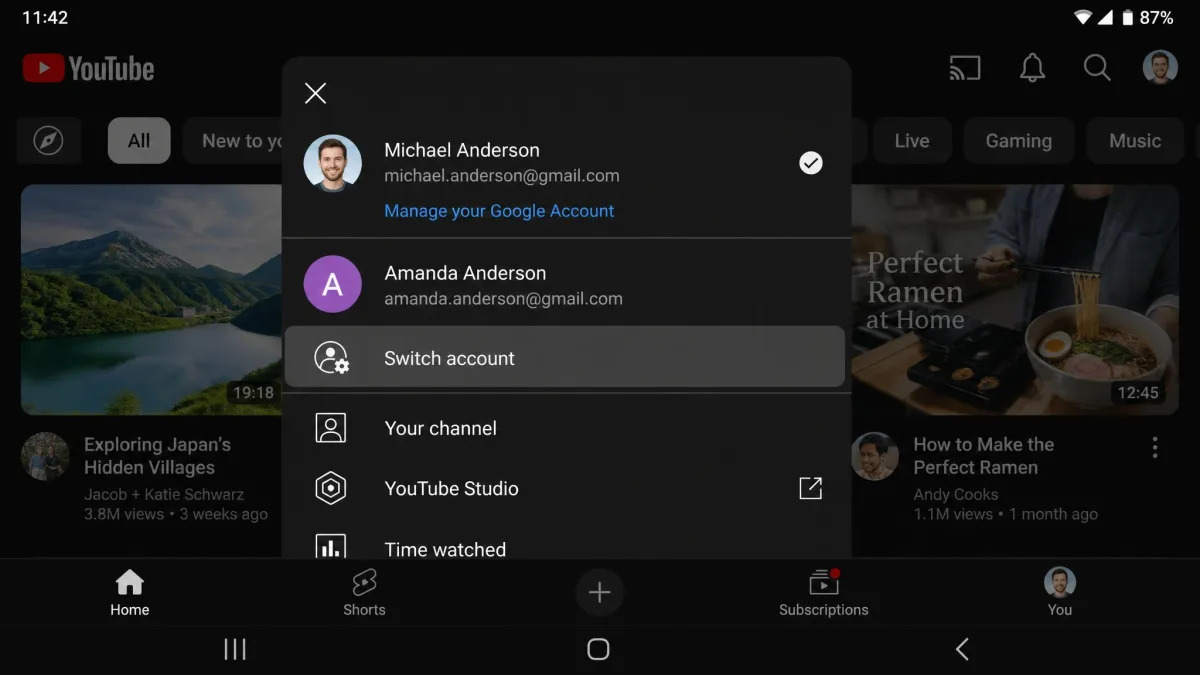 The YouTube Android app with the account menu open, showing the active Google account at the top, a second account listed below it, and the Switch account row highlighted.