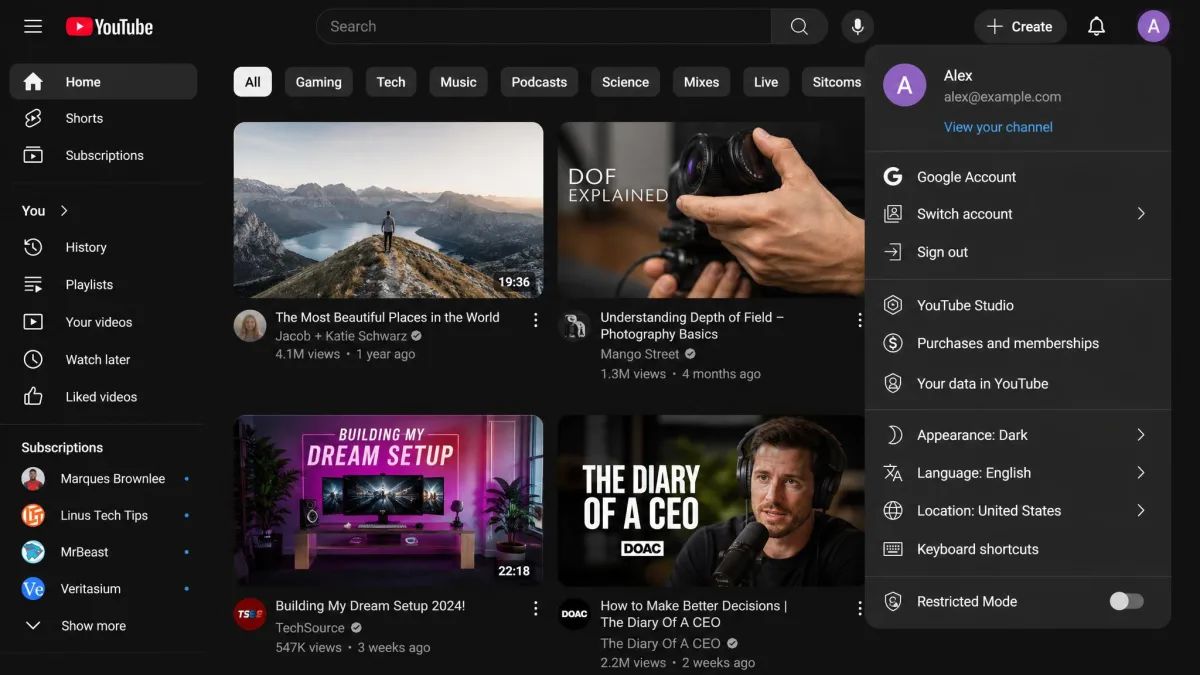 The YouTube profile menu open on desktop with the Restricted Mode row at the bottom and its toggle switch shown in the off position.