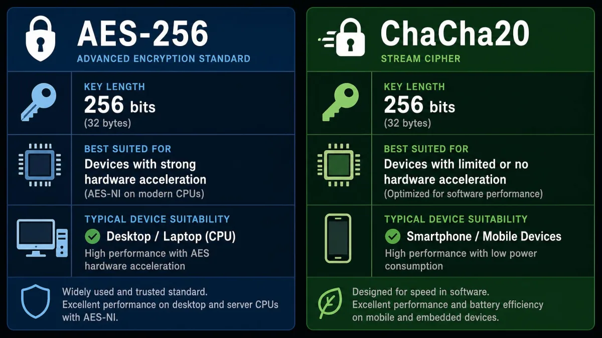 Side-by-side visual comparing AES-256 and ChaCha20 encryption, showing key length and typical device suitability, with icons for a desktop CPU and a smartphone.