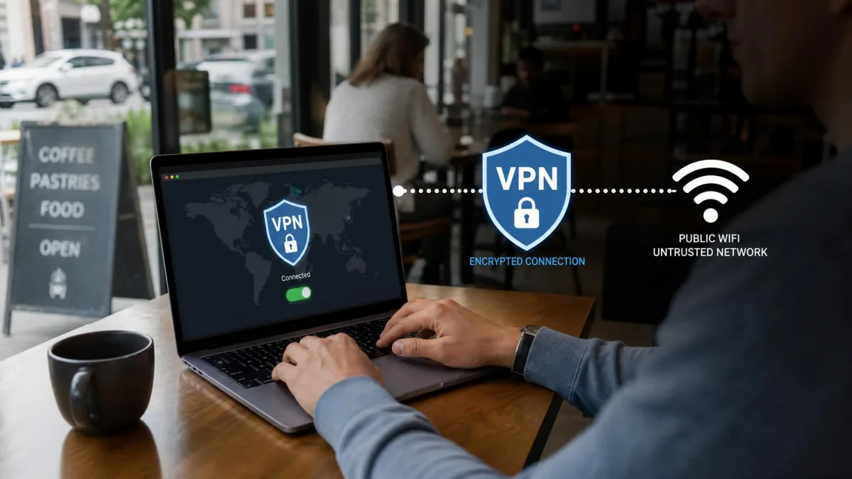 Photo-style scene of a person using a laptop on public cafe WiFi with a VPN shield icon overlay, representing encrypted traffic protecting the user on an untrusted network.