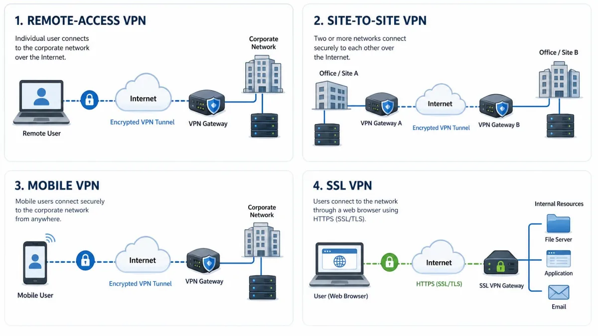 Four-panel diagram showing remote-access VPN, site-to-site VPN, mobile VPN, and SSL VPN, each with a small illustration of the devices and networks involved.