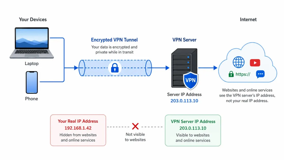 Simple diagram showing a laptop and phone connecting through an encrypted tunnel to a VPN server, which then connects out to the wider internet, with the user's real IP address hidden behind the server's IP.