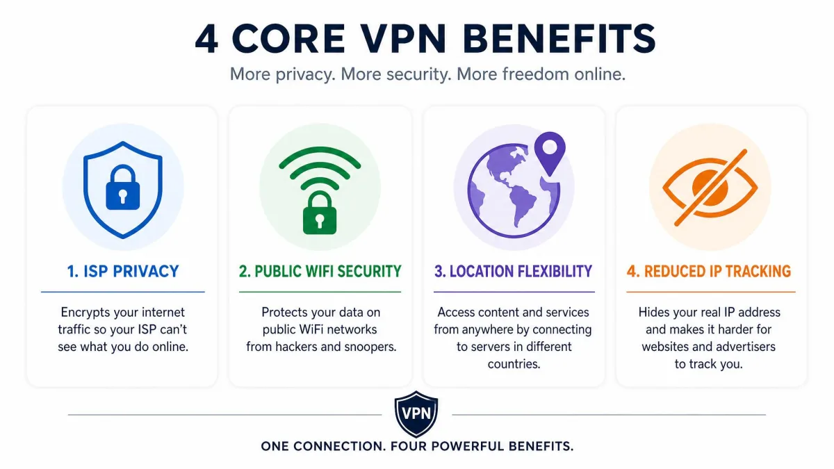 Clean infographic-style layout showing four core VPN benefits, ISP privacy, public WiFi security, location flexibility, and reduced IP tracking, each with a simple icon.