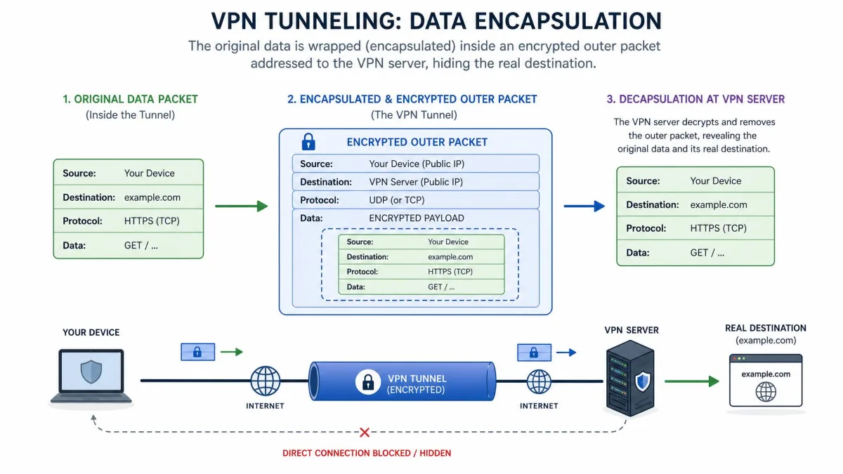 Illustration of data encapsulation showing an original data packet placed inside an encrypted outer packet addressed to a VPN server, demonstrating how VPN tunneling hides the real destination.