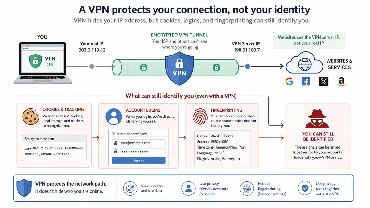 Illustration showing that even with a VPN active, browser cookies, account logins, and fingerprinting can still identify a user, with a shield covering only the network path.