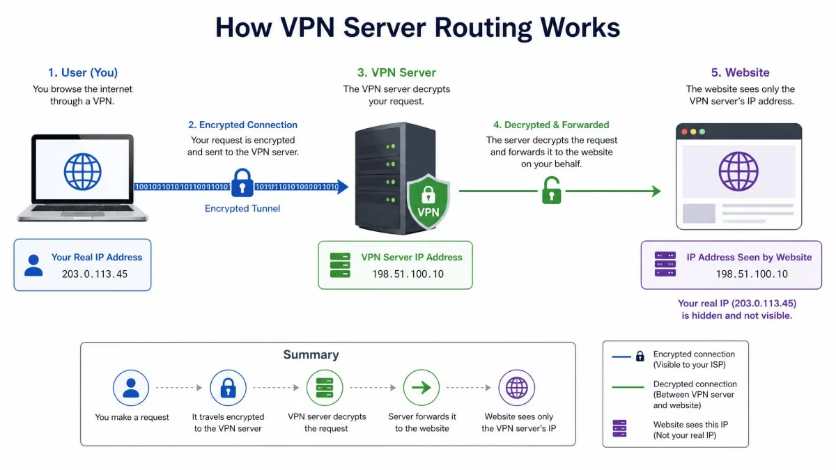 Diagram of VPN server routing showing a user's request traveling encrypted to a VPN server, being decrypted, and forwarded to a website, with the website seeing only the server's IP address instead of the user's real one.