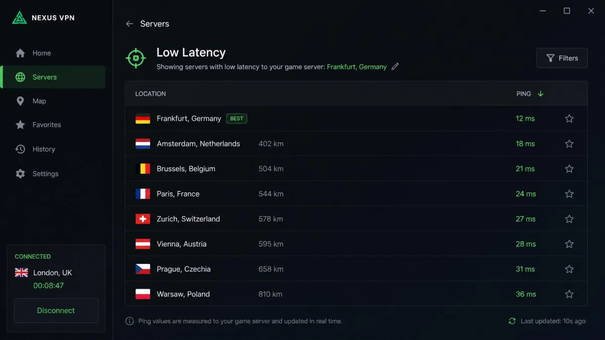 A VPN app's server list on a gaming PC, filtered to show low-latency servers geographically close to the game server, with ping figures beside each location.