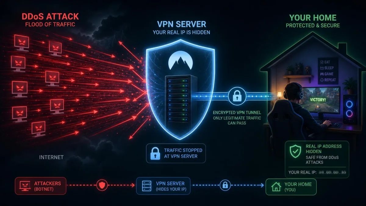 Illustration of a gamer's home connection shielded from a flood of DDoS traffic because their real IP address is hidden behind a VPN server.