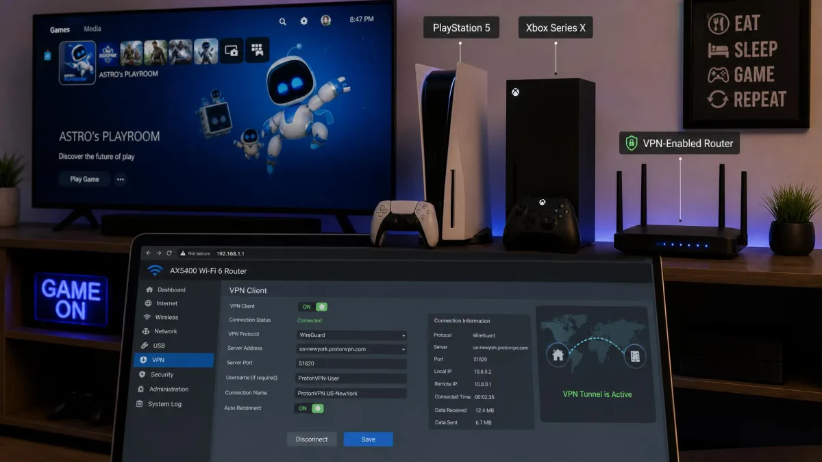 A home gaming setup with a PS5 and Xbox connected through a VPN-enabled router, showing the router configuration screen with the VPN protocol and server selected.